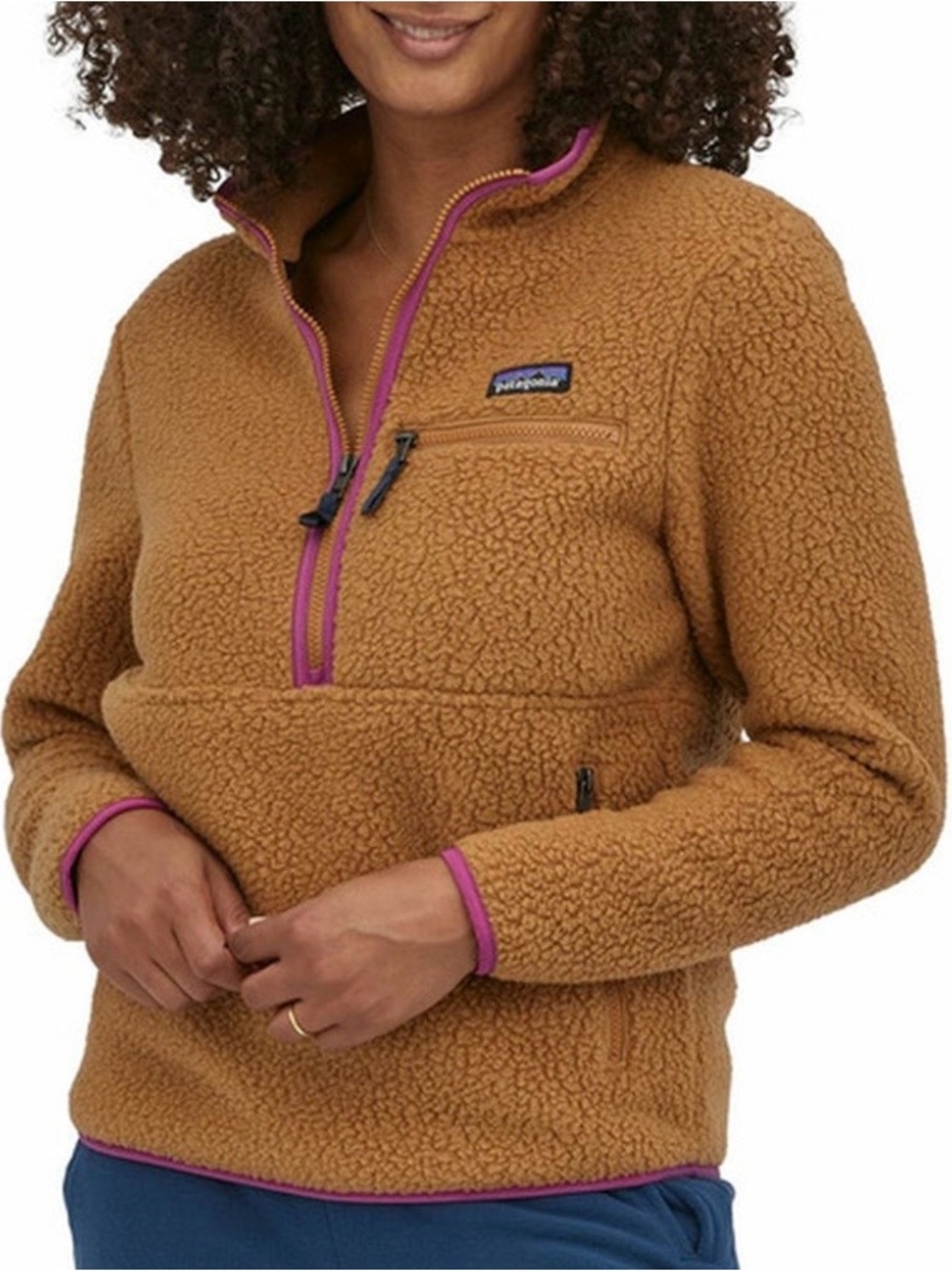 Patagonia Women's Caramel Teddy Fleece Jacket with Purple Trim